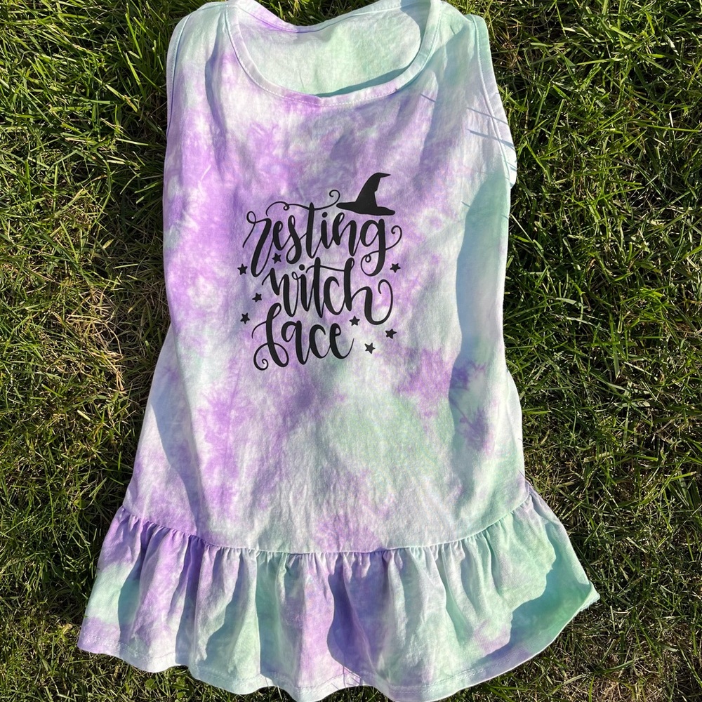 Pet Large Halloween ‘Resting Witch Face’ Green & Purple Random Tie-Dye Dress